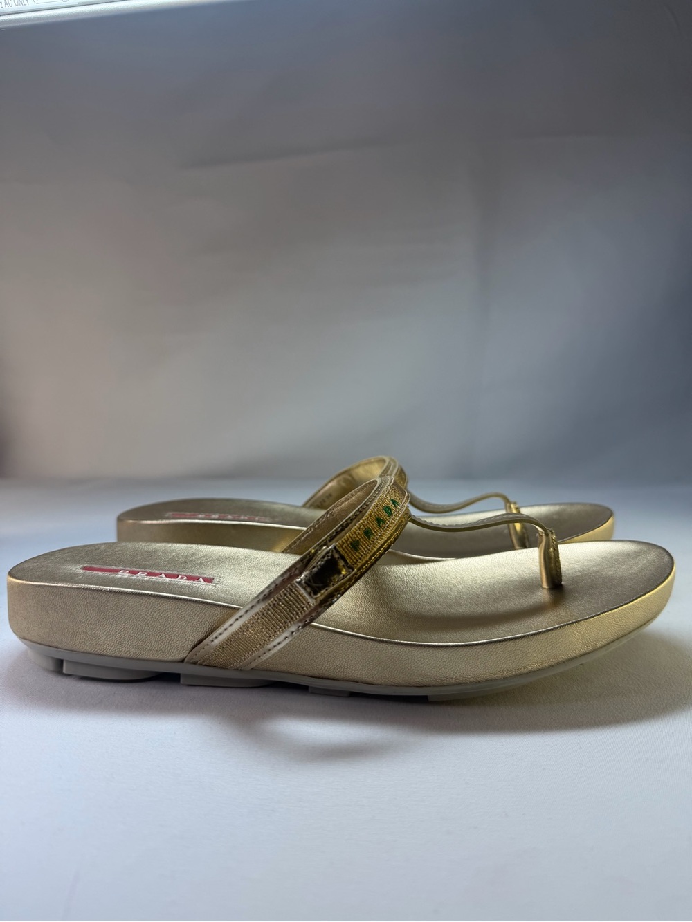 Prada Sport Vernice Ribbon Gold Thong Sandals Size 39